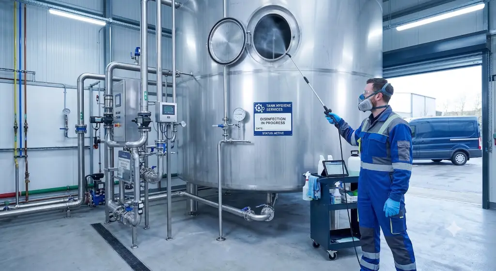 How Much Does Water Tank Cleaning Cost in Ireland? 3 Technician disinfecting a commercial water storage tank worksite.